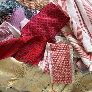 2 POUNDS OF HANDWOVEN PIECES AND REMNANTS WITH HAND WEAVERS CONFERENCE TOTE BAG!